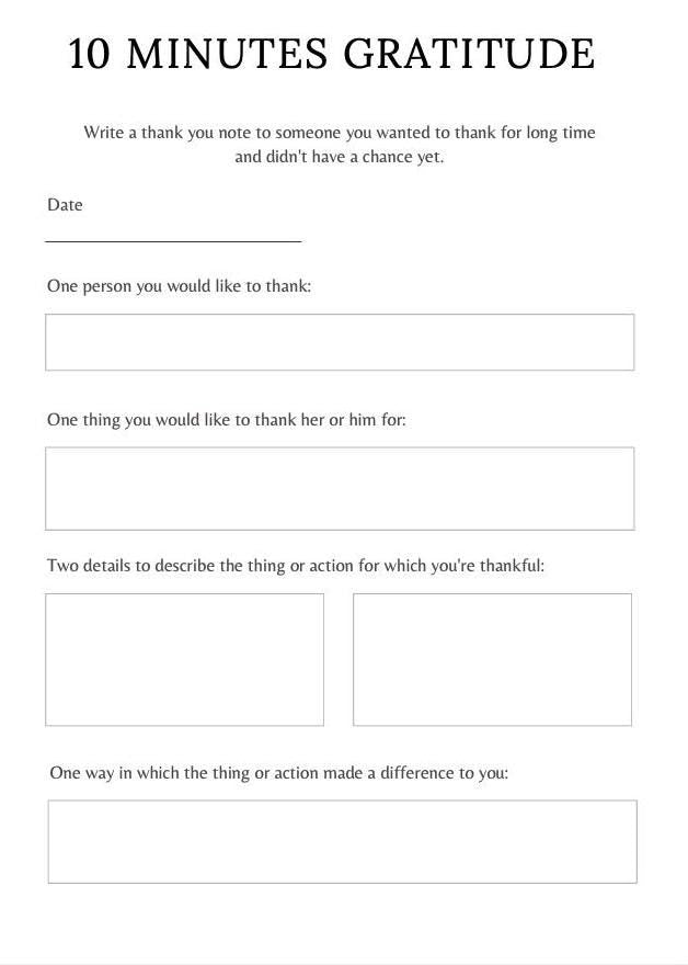 Gratitude exercise worksheet with text prompts for writing a thank you note.
