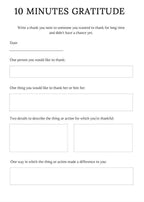 Gratitude exercise worksheet with text prompts for writing a thank you note.