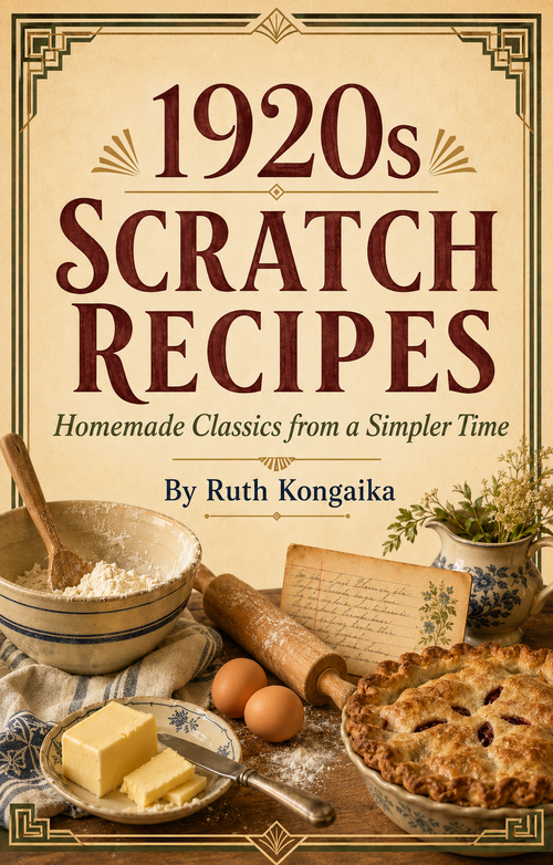 '1920s Scratch Recipes: Homemade Classics from a Simpler Time' by Ruth Kongaika, featuring a vintage-style cream background with large dark red title text and a rustic kitchen scene at the bottom showing flour, butter, eggs, a rolling pin, a pie, and a recipe card.