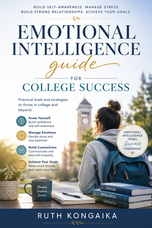 Book cover for 'Emotional Intelligence Guide for College Success' by Ruth Kongaika, featuring a woman with a blue backpack looking out a window, books, a mug, and motivational text on a light background.