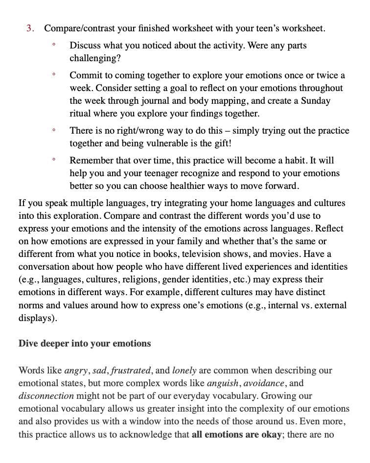 Text-based worksheet on exploring emotions and communication with a teen
