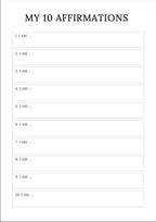 Sheet with 'My 10 Affirmations' heading and numbered lines for writing affirmations.