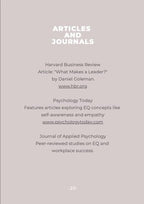 Text on a gray background listing sources and articles related to leadership and emotional intelligence.