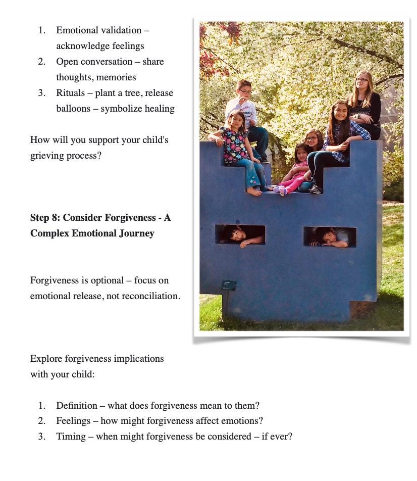 Sheet of paper with text and a photo of children sitting on a blue structure outdoors.