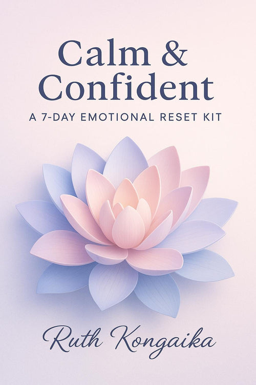 Book cover of 'Calm & Confident' by Ruth Kongaika with a pink and blue lotus flower on a light purple background.
