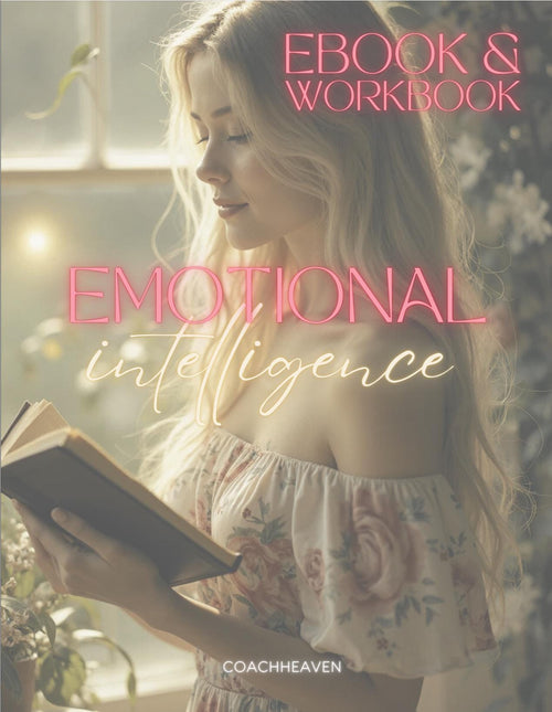 Book cover of 'Emotional Intelligence' with a woman reading a book, featuring the brand 'CoachHeaven'.