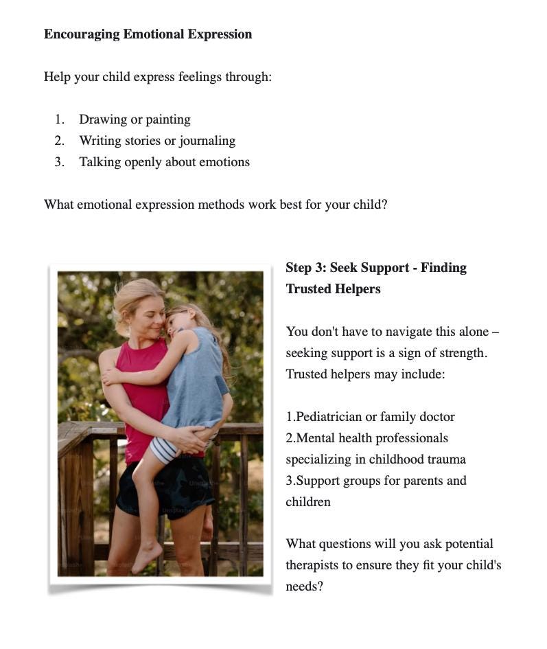 Sheet of paper with text on emotional expression and seeking support, featuring a photo of a woman and child embracing outdoors.