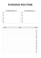 Blank evening routine planner with checkboxes and time/task/done columns.