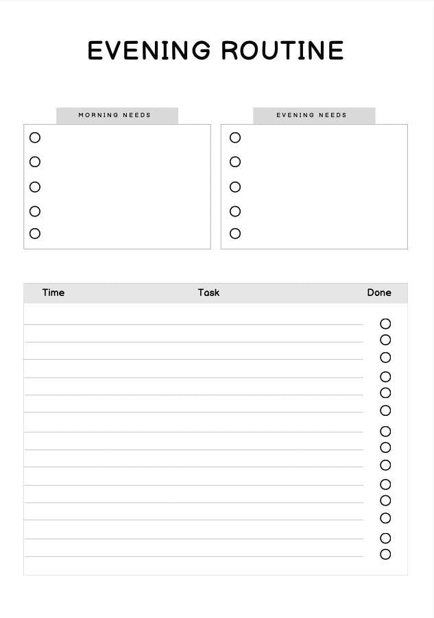Blank evening routine planner with checkboxes and time/task/done columns.