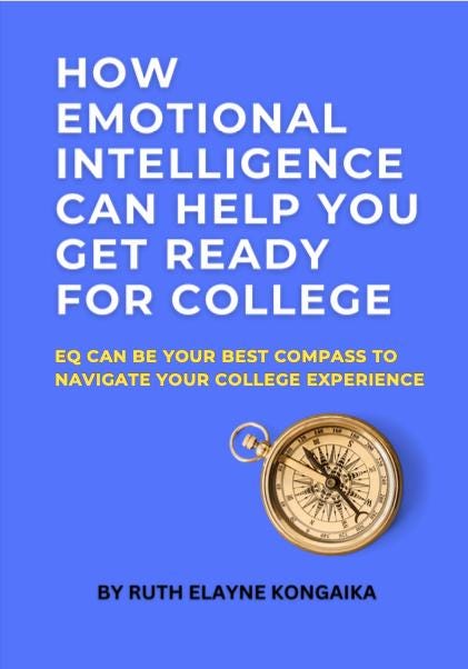 Book cover with compass graphic and text about emotional intelligence and college preparation on a blue background