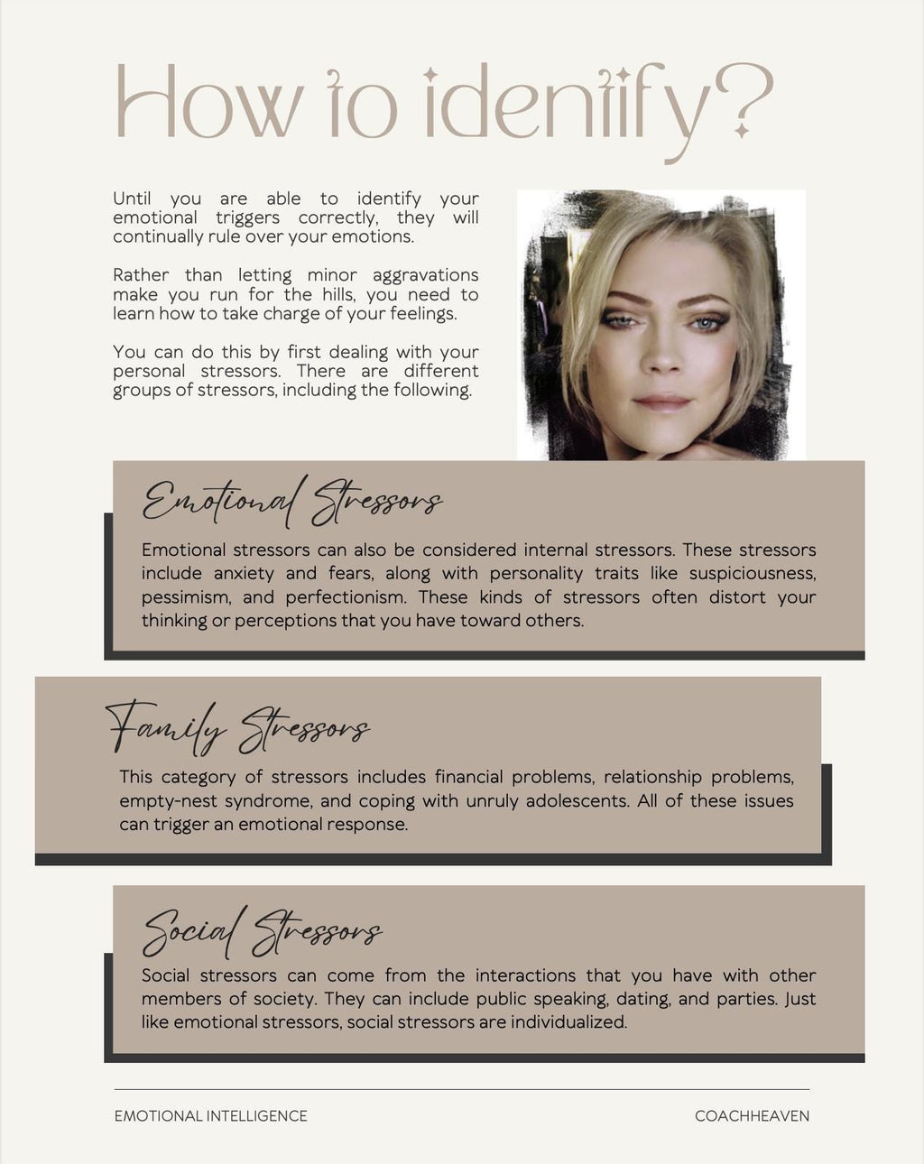 Educational text on identifying emotional triggers with a woman's face and text boxes.