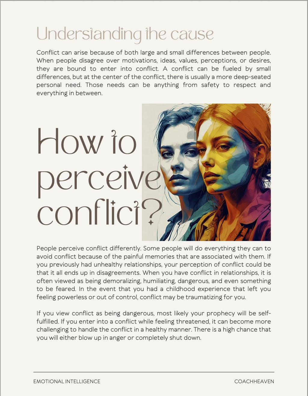 Article on understanding conflict with a colorful illustration of two faces and text.