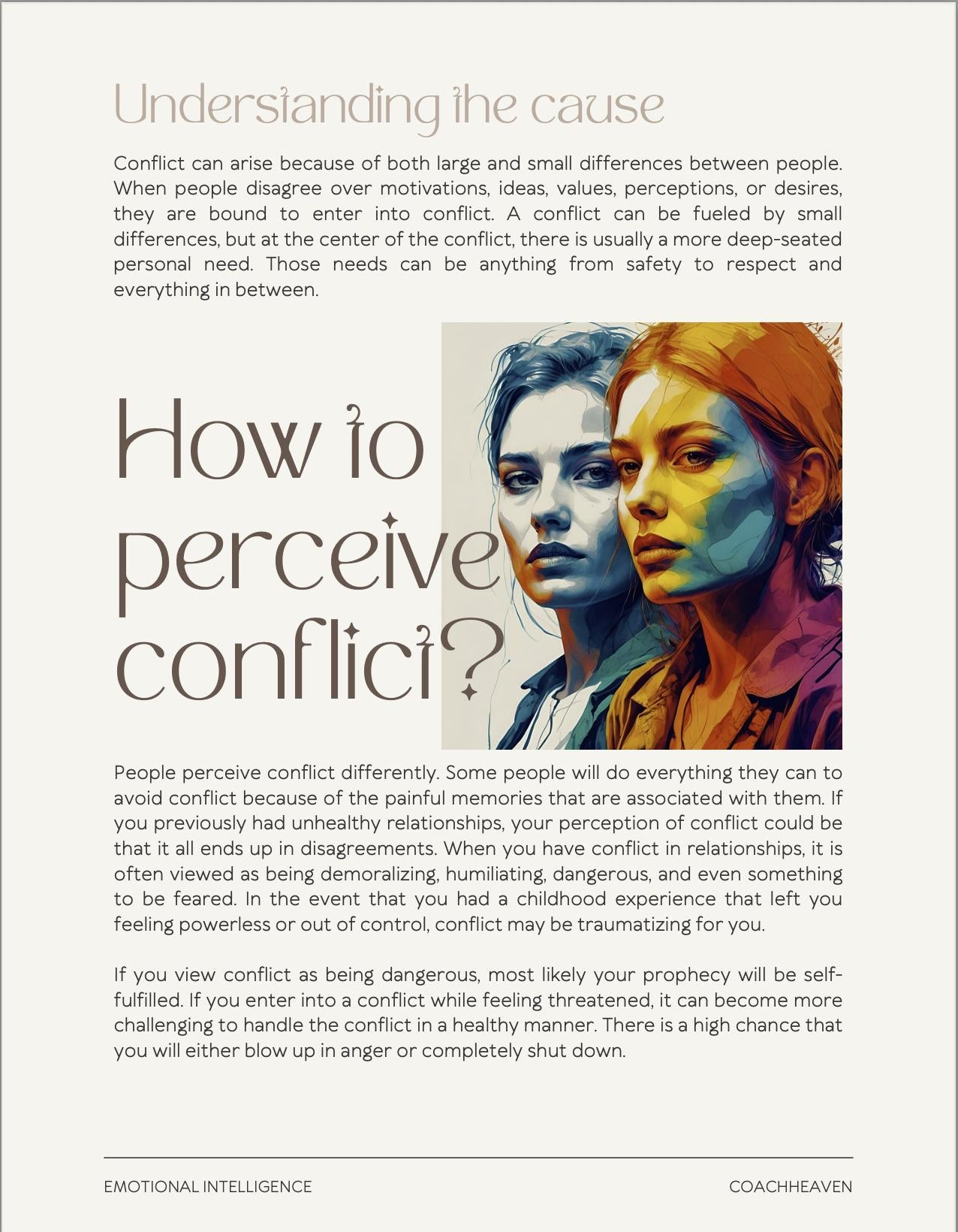 Article on understanding conflict with a colorful illustration of two faces and text.