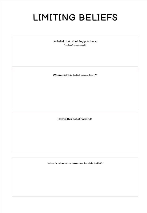 Worksheet titled 'Limiting Beliefs' with text prompts on a white background