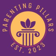 Logo for 'Parenting Pillars' with a yellow circle and purple background.