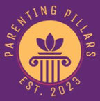 Logo for 'Parenting Pillars' with a yellow circle and purple background.