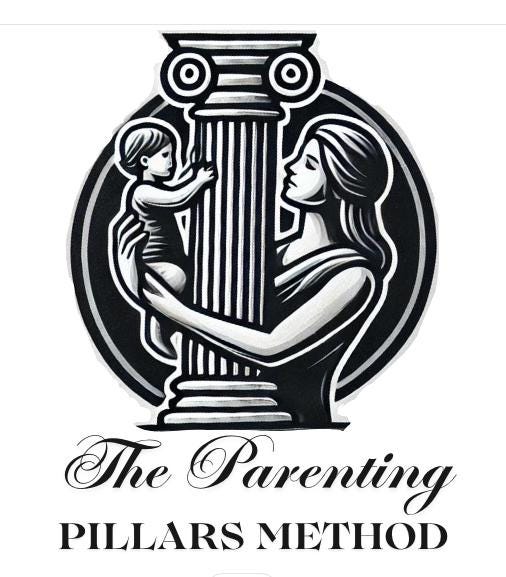 Logo of 'The Parenting Pillars Method' featuring a woman holding a child against a column.