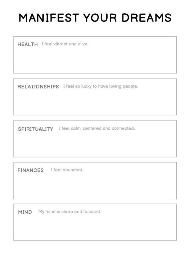 Blank worksheet titled 'Manifest Your Dreams' with various life categories.