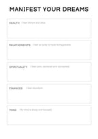 Blank worksheet titled 'Manifest Your Dreams' with various life categories.