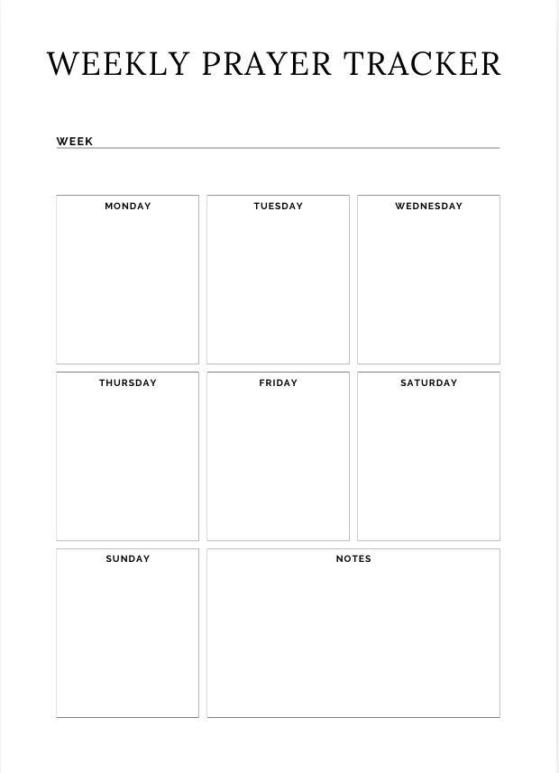 Weekly prayer tracker with days of the week and notes section on a white background