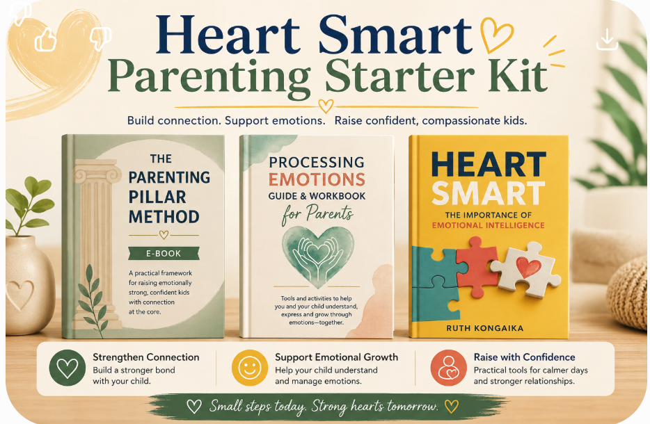 Heart Smart Parenting Starter Kit with books and a potted plant on a wooden surface.