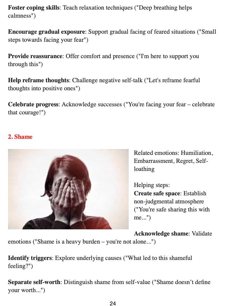 Sheet of paper with text on coping skills for fear and shame, including relaxation techniques and gradual exposure.