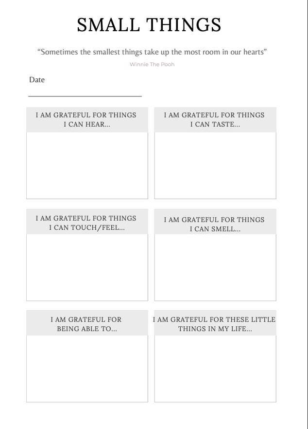 Gratitude worksheet with prompts for reflecting on small things in life.