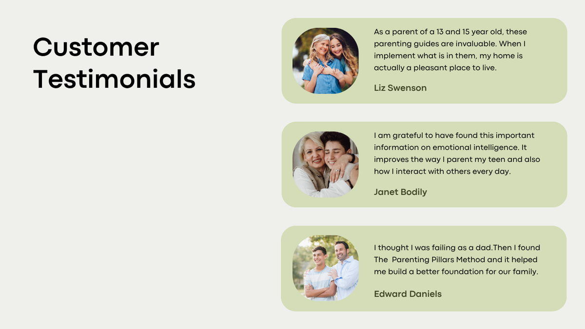 Customer testimonials on a gray background with green text boxes.