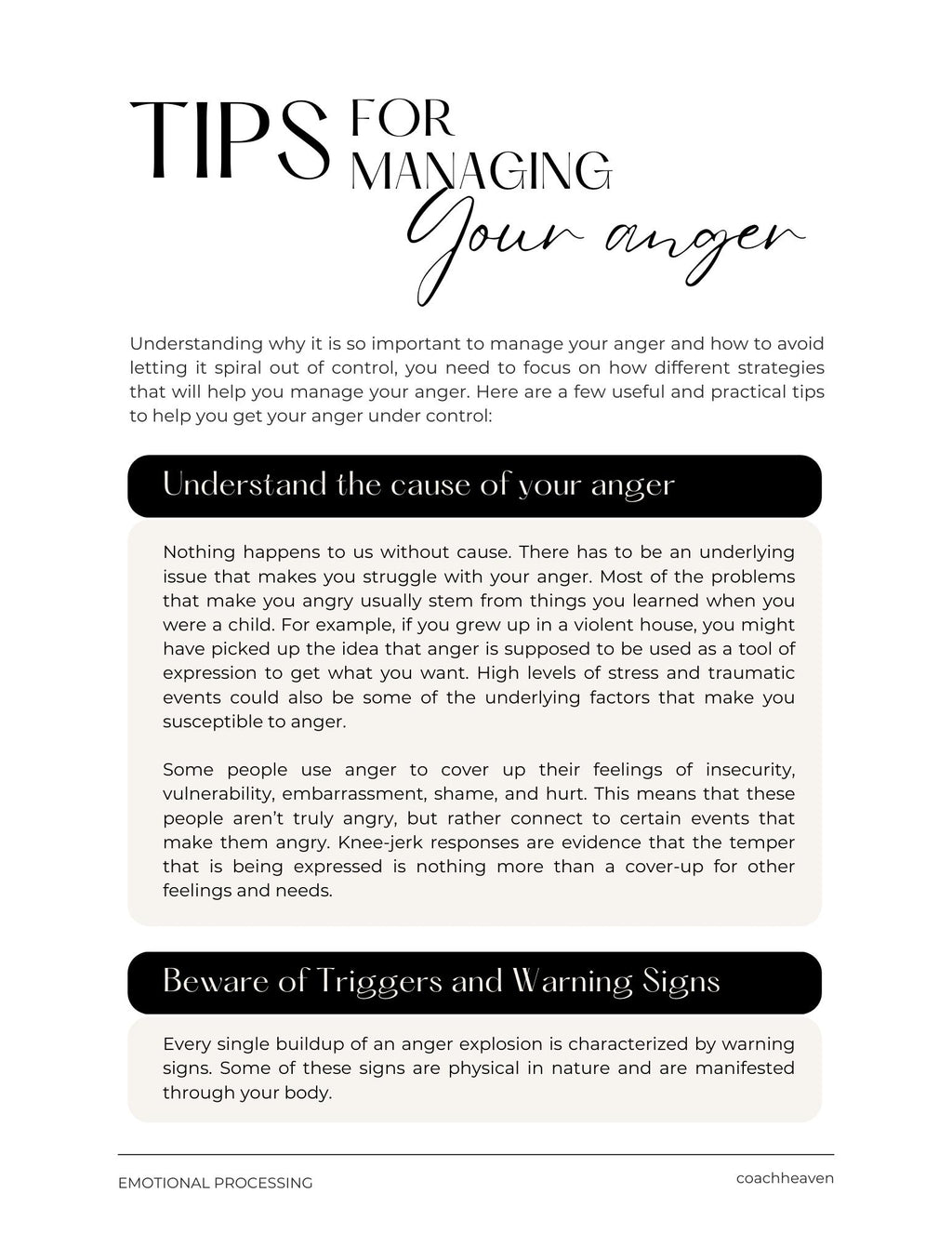 Sheet of paper with text on managing anger, titled 'Tips for Managing Your Anger'.