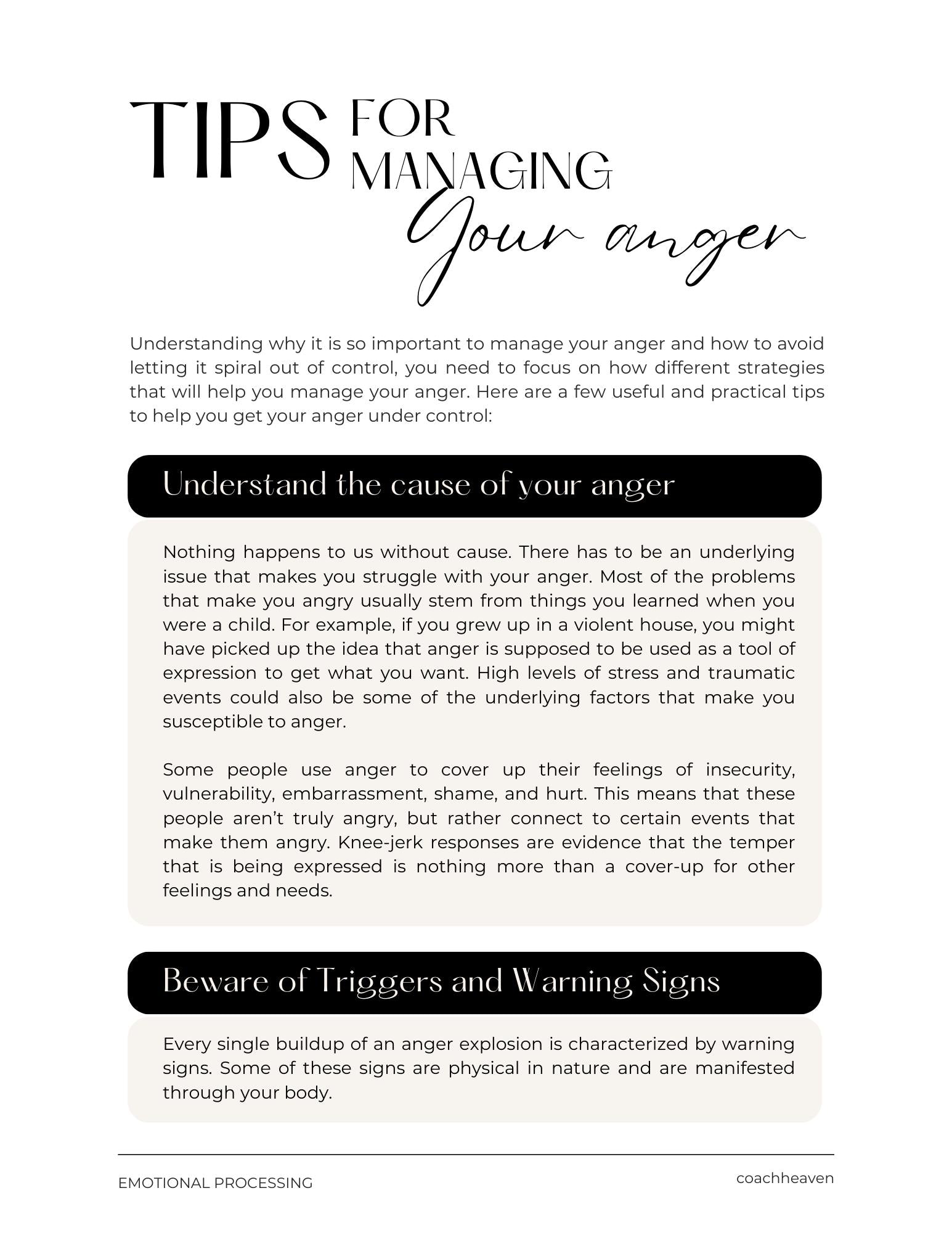 Sheet of paper with text on managing anger, titled 'Tips for Managing Your Anger'.