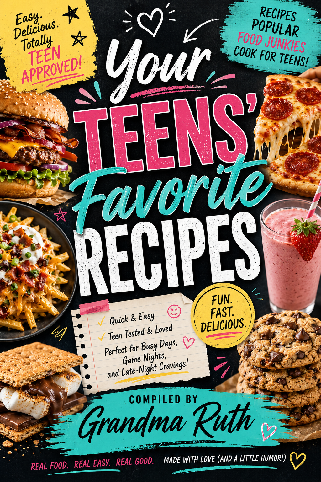 Book cover for 'Your Teens' Favorite Recipes' compiled by Grandma Ruth, featuring a black background with colorful text and photos of teen-friendly foods like burgers, pizza, fries, cookies, and a smoothie.