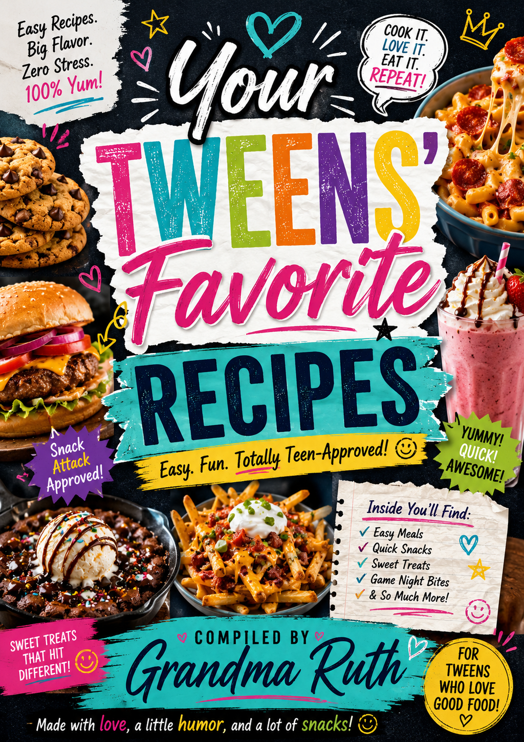Front cover of a cookbook titled "Your Tweens' Favorite Recipes" compiled by Grandma Ruth, featuring colorful playful typography over a collage of teen-friendly snack foods like burgers, pizza, chocolate-covered fries, and a pink drink on a black background.