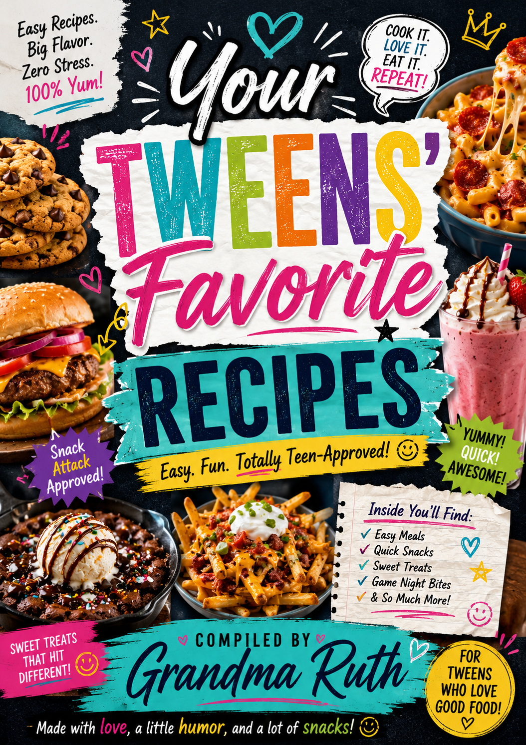 Front cover of a cookbook titled "Your Tweens' Favorite Recipes" compiled by Grandma Ruth, featuring colorful playful typography over a collage of teen-friendly snack foods like burgers, pizza, chocolate-covered fries, and a pink drink on a black background.